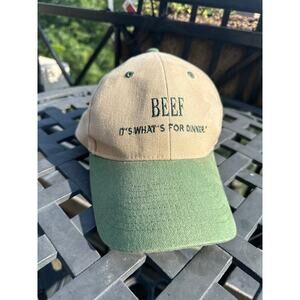 Vintage 90s Beef It's What's For Dinner Hat Cap Tan Green Adjustable Strapback